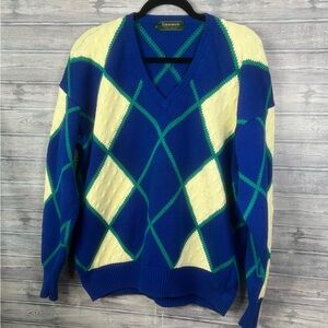 Greenwich Argyle Sweater Size Large Blue Yellow Casual Men's Women's Vintage